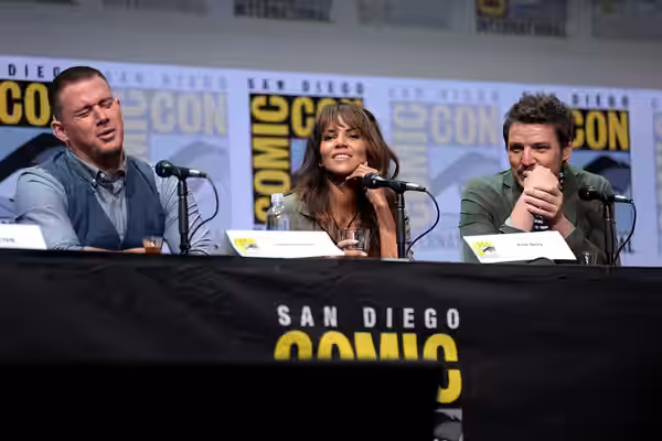 Channing Tatum, Halle Berry and Pedro Pascal speaking at the 2017 San Diego Comic Con International, for "Kingsman: The Golden Circle", at the San Diego Convent