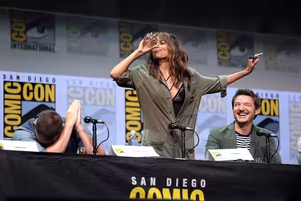 Channing Tatum, Halle Berry and Pedro Pascal speaking at the 2017 San Diego Comic Con International, for "Kingsman: The Golden Circle", at the San Diego Convent