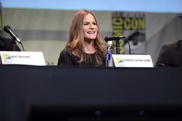 Jennifer Jason Leigh speaking at the 2015 San Diego Comic Con International, for "The Hateful Eight", at the San Diego Convention Center in San Diego, Californi