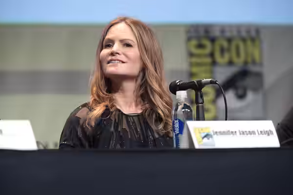 Jennifer Jason Leigh speaking at the 2015 San Diego Comic Con International, for "The Hateful Eight", at the San Diego Convention Center in San Diego, Californi
