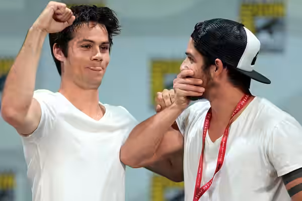 Dylan O'Brien and Tyler Posey speaking at the 2014 San Diego Comic Con International, for "Teen Wolf", at the San Diego Convention Center in San Diego, Californ