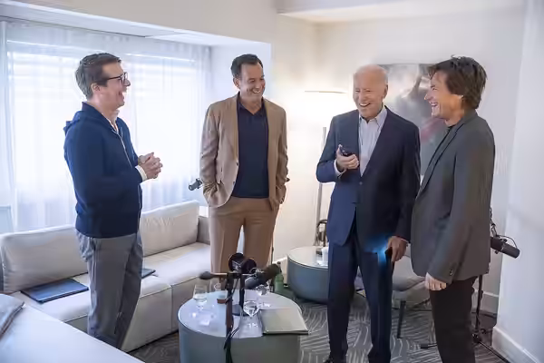 President Joe Biden records an episode of the “Smartless” podcast with hosts Jason Bateman, Sean Hayes and Will Arnett, Thursday, October 13, 2022, at the W Los