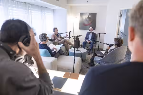 President Joe Biden records an episode of the “Smartless” podcast with hosts Jason Bateman, Sean Hayes and Will Arnett, Thursday, October 13, 2022, at the W Los