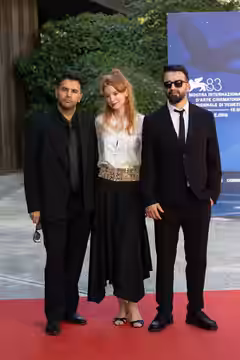 Milad Khosravi, Odessa Rae, Mohsen Gharaei, , at 82nd Venice International Film Festival in Venice, Italy for the film Moragheb (Falling House. (2026)