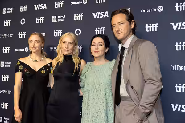 Amanda Seyfried, Mona Fastvold, Shannon Woodward, and Lewis Pullman, actors and director, at the 2025 Toronto International Film Festival (TIFF) for the movie T