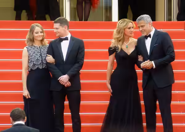 Jodie Foster, Jack O'Connell, Julia Roberts, George Clooney, Amal Clooney at the world premiere of Money Monster, 2016 Cannes Film Festival