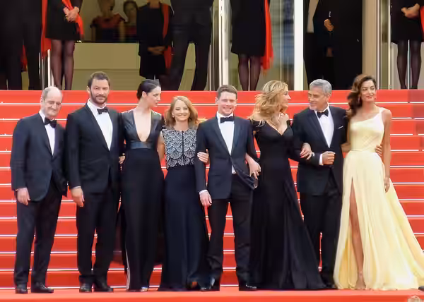 President of the festival Pierre Lescure, actors Dominic West, Caitriona Balfe, producer Jodie Foster, actors Jack O'Connell, Julia Roberts, George Clooney and  (2016)