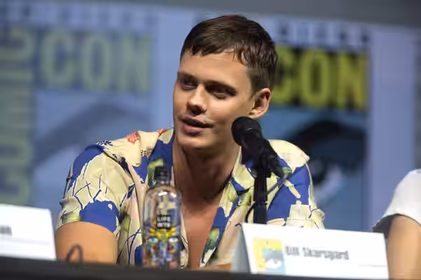 Bill Skarsgård speaking at the 2018 San Diego Comic Con International, for "Assassination Nation", at the San Diego Convention Center in San Diego, California. 