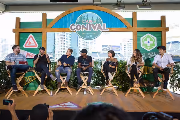 Cast &amp; crew at the Power Rangers discussion Camp Conival offsite at Petco Park during San Diego Comic-Con 2016. From left: Dan Casey (moderator), Dean Israe