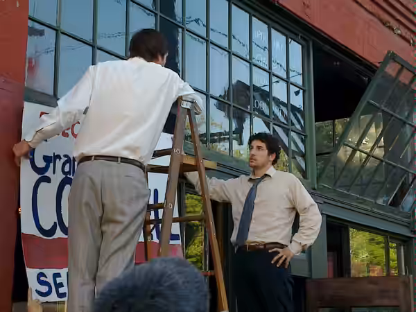 Jason Biggs and Joel Moore in Capitol Hill, Seattle at Grassroots movie shoot (2010)