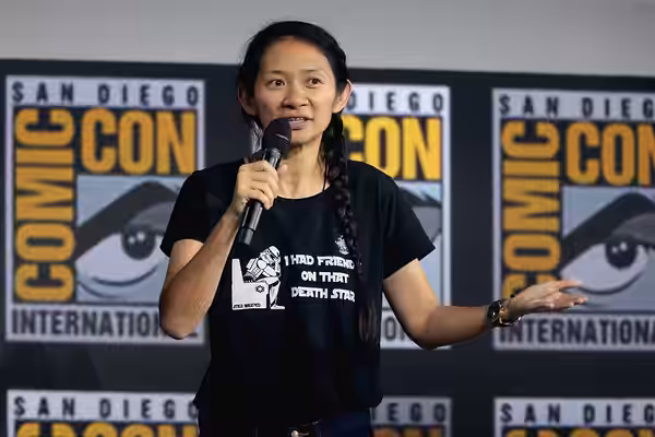 Chloe Zhao speaking at the 2019 San Diego Comic Con International, for "The Eternals", at the San Diego Convention Center in San Diego, California. Please attri