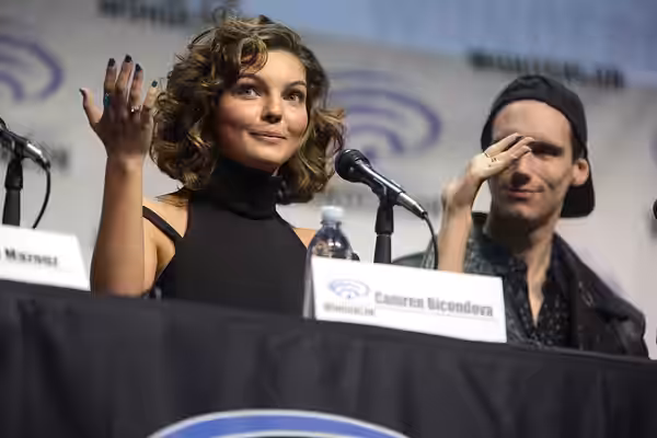 Camren Bicondova and Cory Michael Smith speaking at the 2017 WonderCon, for "Gotham", at the Anaheim Convention Center in Anaheim, California. Please attribute 
