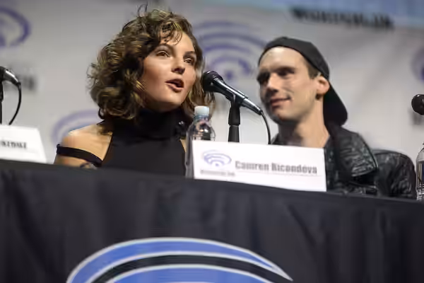 Camren Bicondova and Cory Michael Smith speaking at the 2017 WonderCon, for "Gotham", at the Anaheim Convention Center in Anaheim, California. Please attribute 