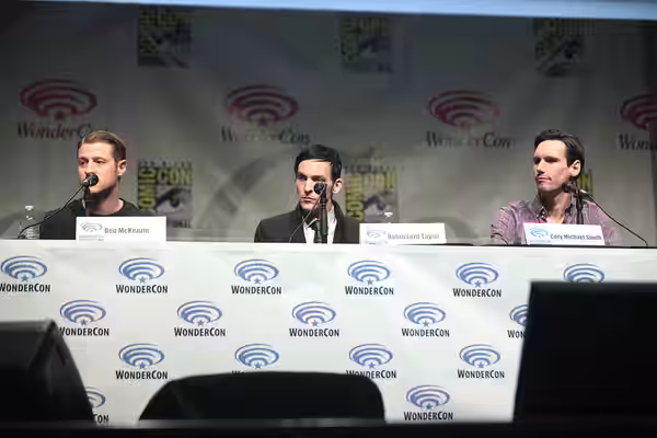 Ben McKenzie, Robin Lord Taylor and Cory Michael Smith speaking at the 2015 Wondercon, for "Gotham", at the Anaheim Convention Center in Anaheim, California. Pl