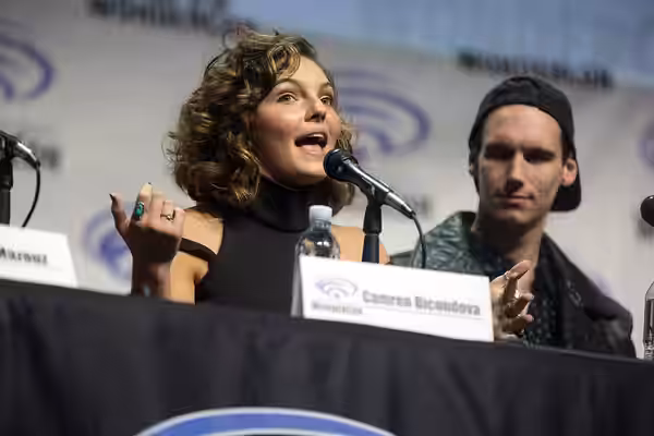 Camren Bicondova and Cory Michael Smith speaking at the 2017 WonderCon, for "Gotham", at the Anaheim Convention Center in Anaheim, California. Please attribute 