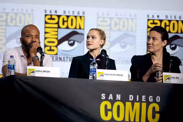 Jeffrey Wright, Evan Rachel Wood and Lisa Joy speaking at the 2019 San Diego Comic Con International, for "Westworld", at the San Diego Convention Center in San