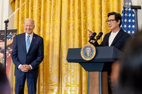 Actor Ke Huy Quan delivers remarks before a screening of the film “American Born Chinese,” Monday, May 8, 2023, in the East Room of the White House. (Official W