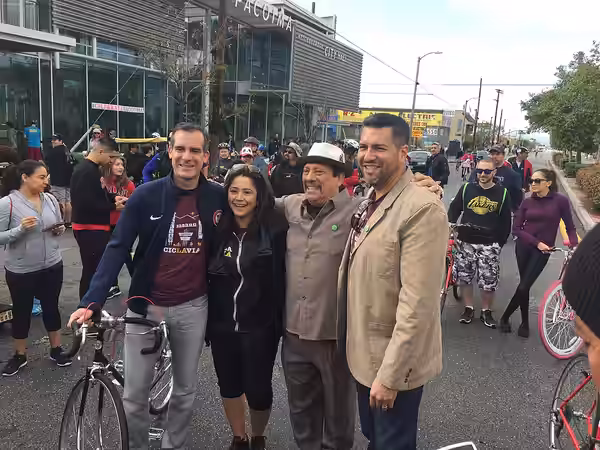 Mayor Garcetti, Deputy Mayor Barbara Romero, Danny Trejo, and Councilmember Felipe Fuentes at CicLAvia in the San Fernando Valley. (2016)