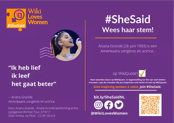 Ansichtkaart voor de Nederlandse #SheSaid drive, met een citaat van Ariana Grande (2024)