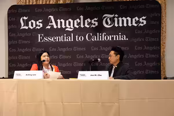Ashley Lee and Jon Chu at the Los Angeles Festival of Books in Los Angeles, California in April 2025.