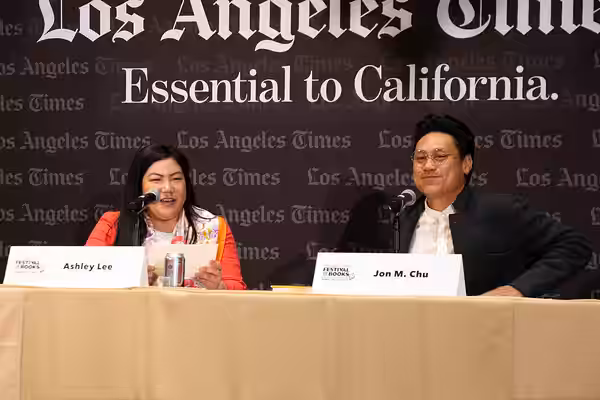 Ashley Lee and Jon Chu at the Los Angeles Festival of Books in Los Angeles, California in April 2025.