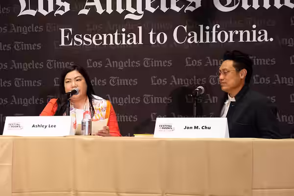 Ashley Lee and Jon Chu at the Los Angeles Festival of Books in Los Angeles, California in April 2025.