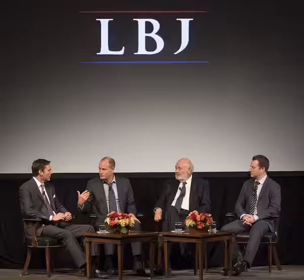 Director of the LBJ Library Mark Updegrove, left, actor Woody Harrelson, director Rob Reiner and writer Joey Hartstone participate in a discussion following a s (2016)