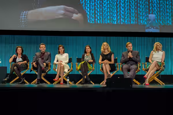 The cast of the TV show "Masters of Sex" at PaleyFest 2014. From left: Michelle Ashford (executive producer), Michael Sheen, Lizzy Caplan, Sarah Timberman (exec