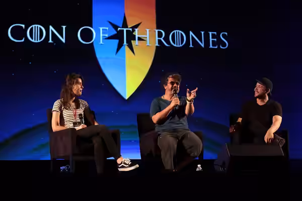 Hannah Panek, Miltos Yerolemou and Zack Luye speaking at the 2017 Con of Thrones at the Gaylord Opryland Resort &amp; Convention Center in Nashville, Tennessee.