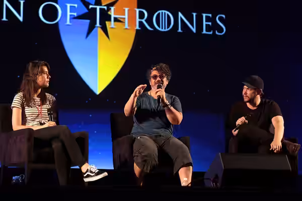 Hannah Panek, Miltos Yerolemou and Zack Luye speaking at the 2017 Con of Thrones at the Gaylord Opryland Resort &amp; Convention Center in Nashville, Tennessee.