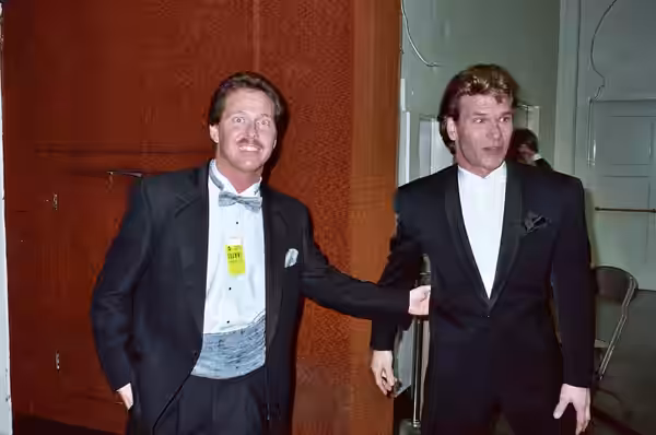 Patrick Swayze and Rick Best at the 1990 Grammy Awards. Alan Light says that he had trouble with flash and "so after a few seconds Swazye said "I have to pee li