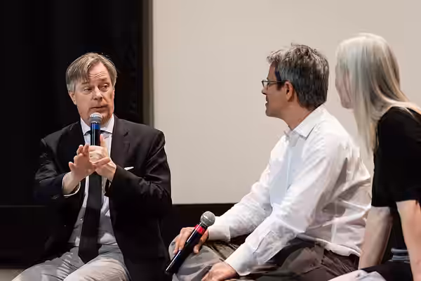Department of English faculty Devoney Looser and Kevin Sandler moderated a conversation with writer-director Whit Stillman after a screening of his 1990 film Me (2017)