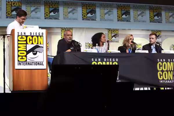 Josh Horowitz, Luc Besson, Virginie Besson-Silla, Cara Delevingne and Dane DeHan speaking at the 2016 San Diego Comic Con International, for "Valerian and the C