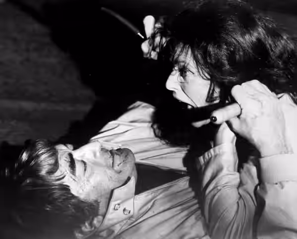Gregory Peck and Billie Whitelaw in the American-British supernatural horror film The Omen (1976). See also film still. No copyright notice.