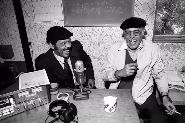 Dexter Gordon, r. &amp; Ernie Andrews, l. at KJAZ radio, Alameda CA December 1980. Photo by Brian McMillen / brianmcmillen@hotmail.com