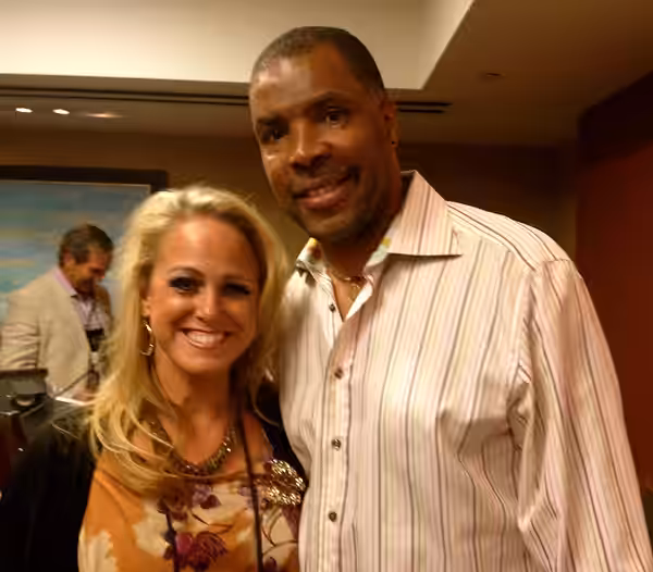 A "selfie" authored by Kristen Lamb, with the subjects en:Eriq La Salle and Kristen Lamb in the foreground, taken at Thrillerfest in NYC in 2012 and uploaded on