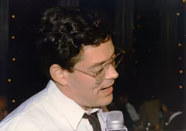 Raul Julia being interviewed on opening night 1984 at cast party at Circle in the Square 1984 Noel Coward's "Design for Living"