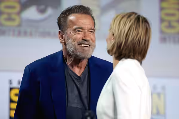 Arnold Schwarzenegger and Linda Hamilton speaking at the 2019 San Diego Comic Con International, for "Terminator: Dark Fate", at the San Diego Convention Center