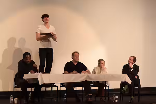 Adam Driver, actor, amongst co-stars Isiah Whitlock Jr., Jay O. Sanders and Joanne Tucker during the performance of "Theater of War" at the Camp Pendleton base