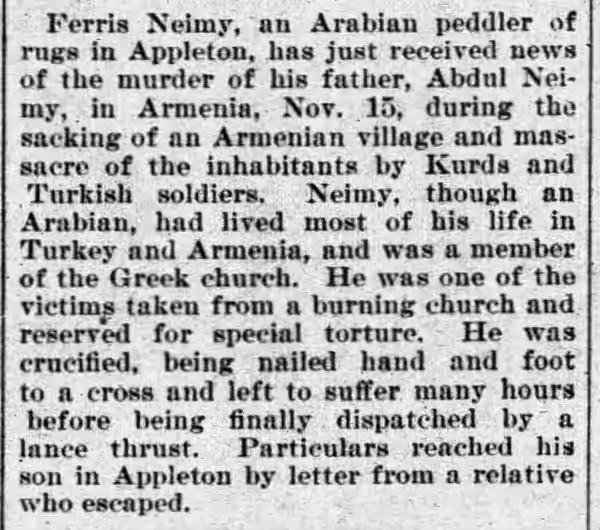 Newspaper report on the torture and murder of Abdul Neimy, who was one of the great-great-grandfathers of Lebanese American actor Tony Shalhoub, during the Hami (1895)