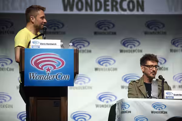 Chris Hardwick and Scott Derrickson speaking at the 2014 WonderCon, for "Deliver Us from Evil", at the Anaheim Convention Center in Anaheim, California. Please 