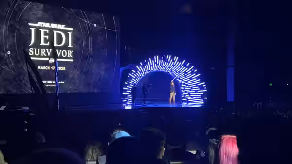Cameron Monaghan presenting a trailer for Star Wars Jedi: Survivor at The Game Awards 2022.