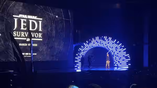 Cameron Monaghan presenting a trailer for Star Wars Jedi: Survivor at The Game Awards 2022.