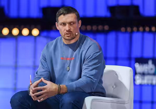 2 November 2022; Oleksandr Usyk, World Heavyweight Boxing Champion, on Centre Stage, during day one of Web Summit 2022 at the Altice Arena in Lisbon, Portugal. 