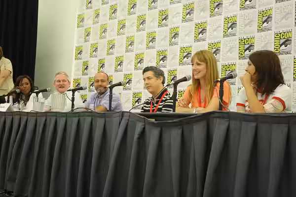 Archer cast at 2010 Comic-Con International. From left to right: Aisha Tyler, Adam Reed, H. Jon Benjamin, Chris Parnell, Judy Greer and Amber Nash