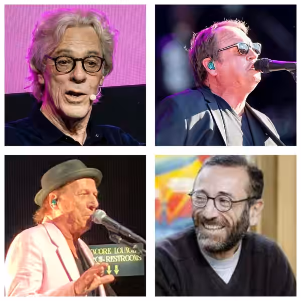 The lineup of Gizmodrome. Clockwise from top left: Stewart Copeland (vocals, drums), Mark King (bass), Vittorio Cosma (keyboards), Adrian Belew (guitar) (2026)