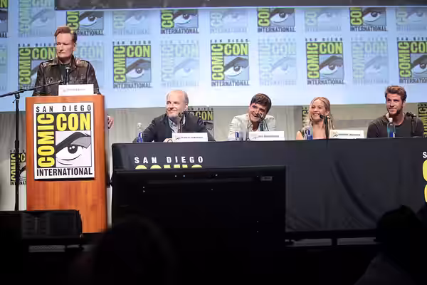 Conan O'Brien, Francis Lawrence, Josh Hutcherson, Jennifer Lawrence and Liam Hemsworth speaking at the 2015 San Diego Comic Con International, for "The Hunger G