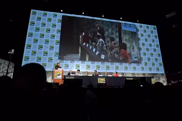 Conan O'Brien, Francis Lawrence, Josh Hutcherson, Jennifer Lawrence, Liam Hemsworth and Nina Jacobson speaking at the 2015 San Diego Comic Con International, fo