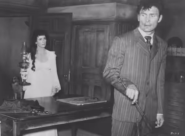 Constance Smith &amp; Jack Palance in Man in the Attic - cropped screenshot (1953)
