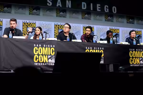 Adam Wingard, Margaret Qualley, Roy Lee, Nat Wolff, Keith Stanfield and Masi Oka speaking at the 2017 San Diego Comic Con International, for "Death Note", at th